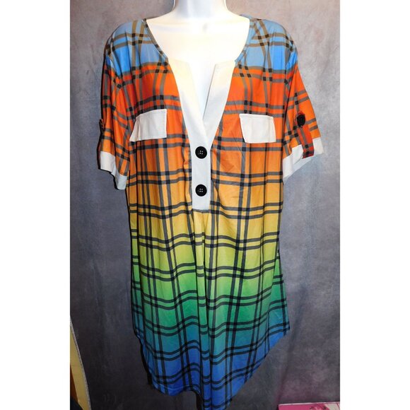 Casual Rainbow Gradient Plaid Lounge Shirt - Picture 2 of 6